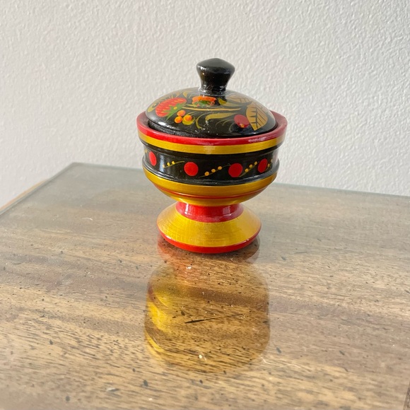 Vintage Small Russian Khokhloma Wooden Hand Painted Trinket Round Cup w Lid - Picture 11 of 13